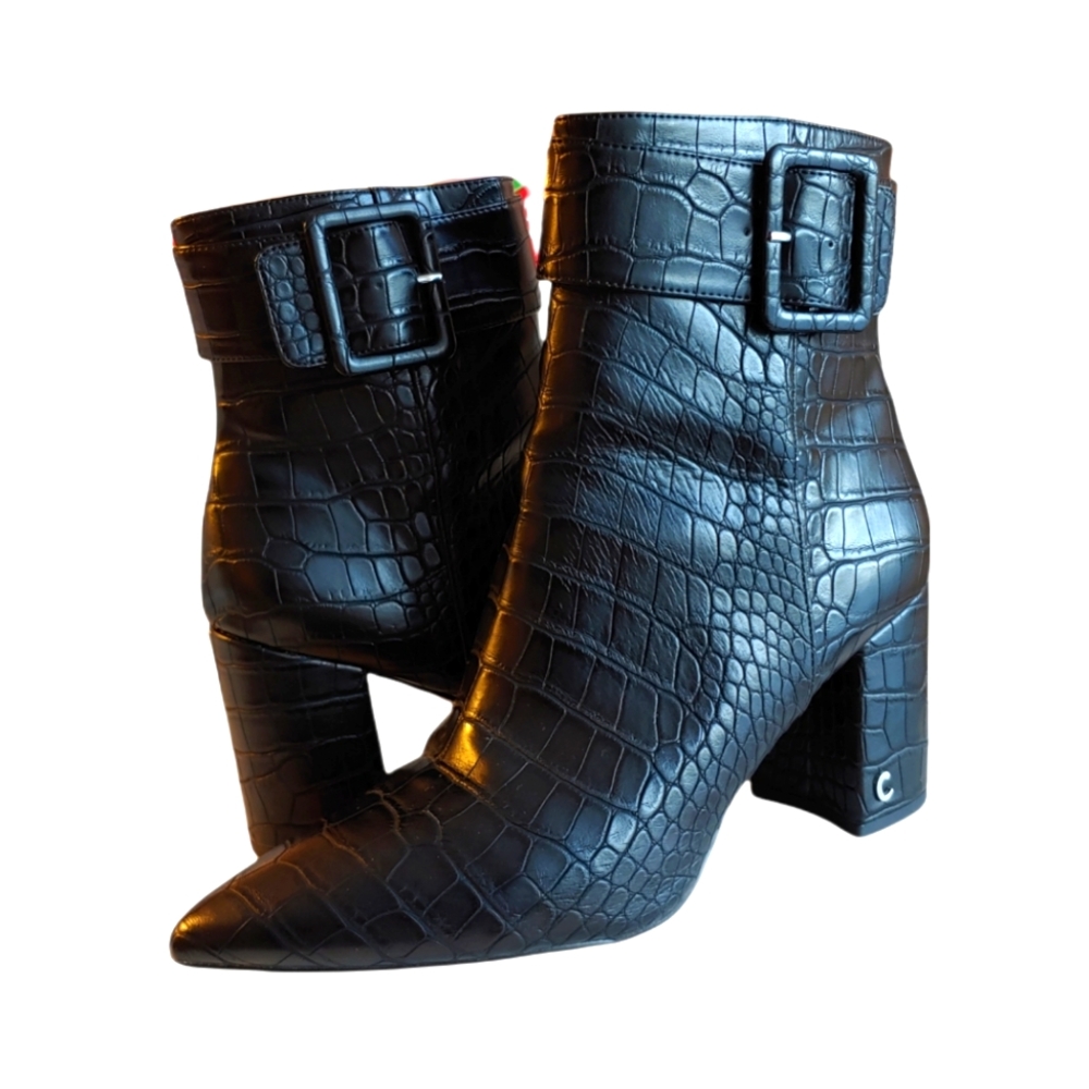 Sam Edelman Hardee Black Croc Boots with Block Heel and Buckles Size 9.5